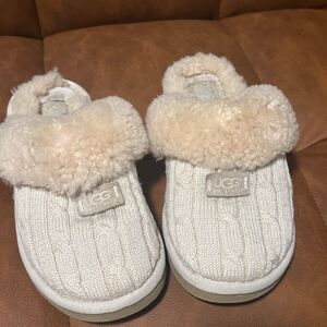UGG Women’s Cozy Knit Cream Shearling Fur Slippers - Soft & Warm, Size 6